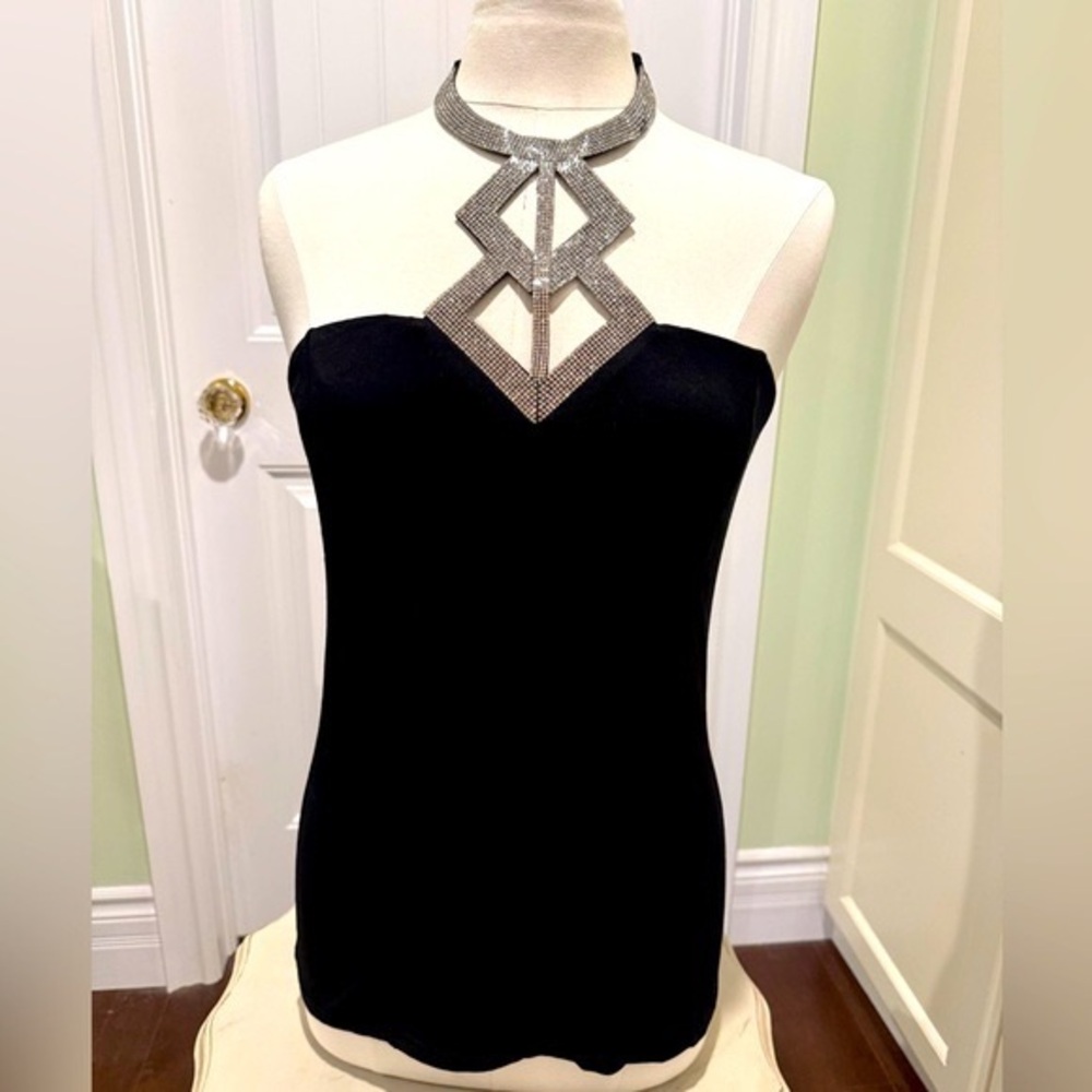 VENUS Womens Sz Medium Black Rhinestone Geometric Yoke Halter Top Bling Y2K